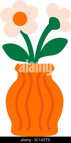 Orange vase with white flowers. Decorative floral bouquet in flat cartoon style. Isolated. Stock vector illustration in flat cartoon style. Stock Vector