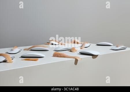 A row of computer mice are arranged on a white surface, each with a slice of raw fish resting on top. The mice are uniformly white and sleek Stock Photo