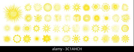 Large set of yellow suns. The sun objects are beautiful hand drawn. Not AI, Vector illustration Stock Vector