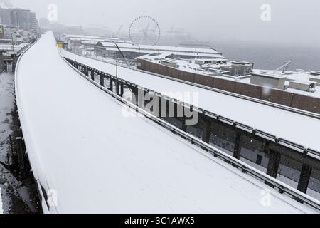 February 9, 2019 - Seattle, Washington, U.S - Seattle, Washington: The closed Alaskan Way Viaduct is covered with fresh snow as a strong winter storm blankets the city. The highway closed permanently at 10pm on January 11 so crews can move State Route 99 from the viaduct to a state-of-the-art tunnel. (Credit Image: © Paul Christian Gordon/ZUMA Wire) Stock Photo
