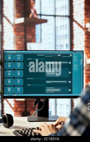 Person speaking with LLM chatbot using AI implementations designed to understand human language. Man talks with AI chatbot trained on vast amounts of text data enabling them to perform various tasks Stock Photo