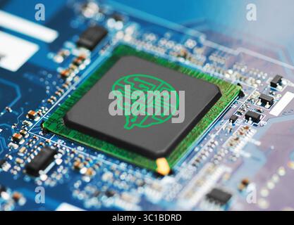 Electronic circuit board with AI processor, close up Stock Photo