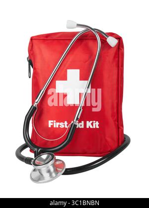 First Aid Kit with stethoscope, Isolated on white background Stock Photo