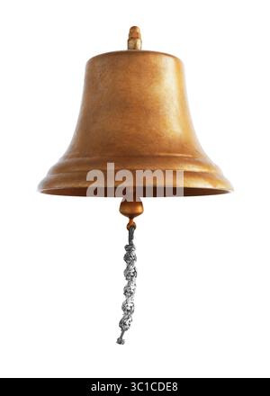 Antique brass ship's bell with a rope on a white background Stock Photo