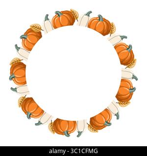 Pumpkin circle frame in cozy fall style with autumn leaves. Vector isolated illustration on white background Stock Vector