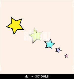 Five 5 stars. Yellow green blue pink. Hand drawn quality. Vector rating element. Stock Vector