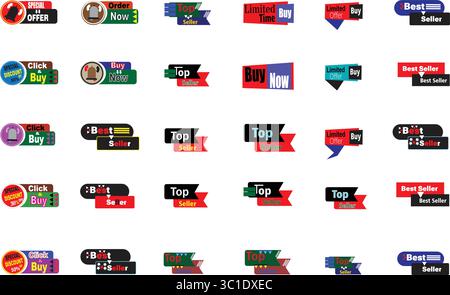 Top seller and buy now label vector set for ecommerce discount and promo badge design Stock Vector