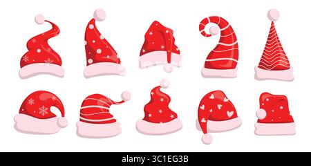 Christmas santa hat printed and pattern clipart set. Red santa claus hat flat style icon clip art for winter season costume collection and xmas party Stock Vector