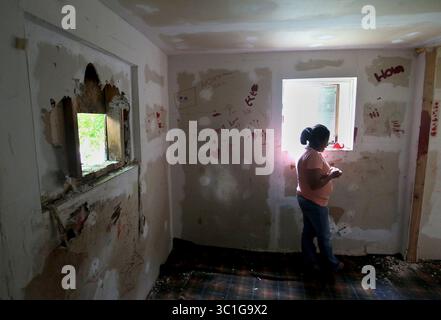 June 30, 2017 - St. Anthony, MN, US - A Lowry Grove mobile home resident , who wished to not be identified, shows the inside of her home where her family stopped a remodel after finding out the park would be closing and seen Friday, June 30, 2017, in St. Anthony, MN. Lowry Grove closed it's gate and all residents had to be gone by 12 midnight the following day, the space slated to be redeveloped into multiple-family housing. Some residents didn't know where they would go and talked of being homeless and sleeping in a vehicle..... It’s the tale of two parks, with Lowry Grove in St. Anthony and Stock Photo