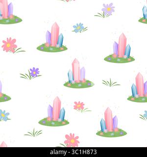 Seamless pattern with colorful crystals on hills and flowers Stock Vector