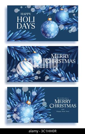 Merry Christmas greeting clipart banner design. Merry Christmas and happy holidays wishing text clip art in blue bokeh background with hanging xmas Stock Vector