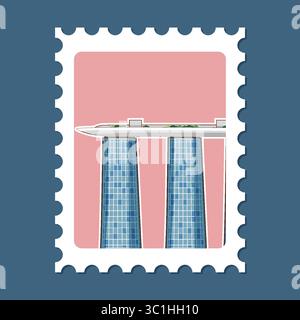 Vector illustration of a futuristic building on a stylized postage stamp. Features clean lines, pastel colors, and geometric shapes Stock Vector