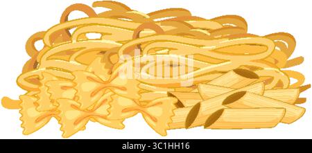 Vector illustration of uncooked pasta varieties including penne, farfalle, and fettuccine in a flat, colorful style with clean outlines Stock Vector