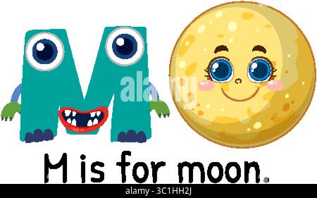 Colorful vector illustration of letter M and a smiling moon. Cartoon style with vibrant colors and friendly expressions Stock Vector