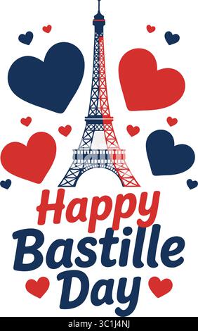 Happy Bastille Day Vector Greeting with Eiffel Tower & Hearts Stock Vector