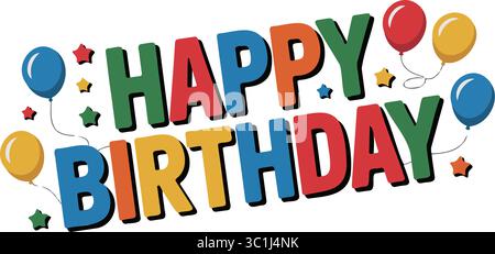 Colorful Happy Birthday Vector Graphic with Balloons & Stars Stock Vector