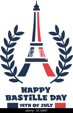 Bastille Day Vector Logo Eiffel Tower with French Flag Colors & Laurel Wreath Stock Vector