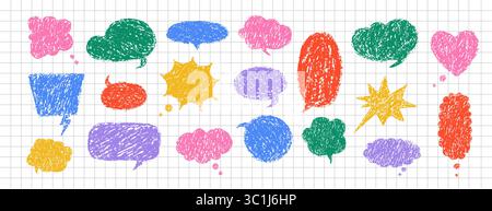 Speech Bubble set with crayon texture. Funky colorful communication frames. Message clouds with chalk or charcoal texture. Retro vector illustration Stock Vector