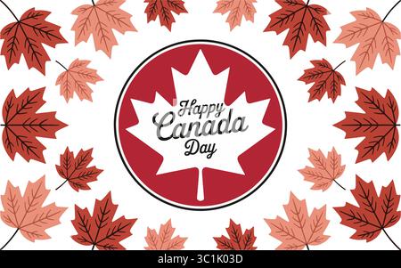 Happy Canada Day Greeting Card with Maple Leaf Emblem and Pattern Stock Vector