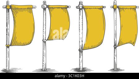 Hand-Drawn Vintage Yellow Banner Flags Set Stock Vector