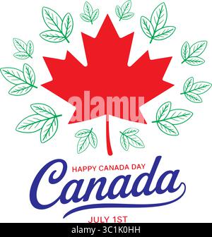 Happy Canada Day Graphic with Red and Green Leaves Stock Vector