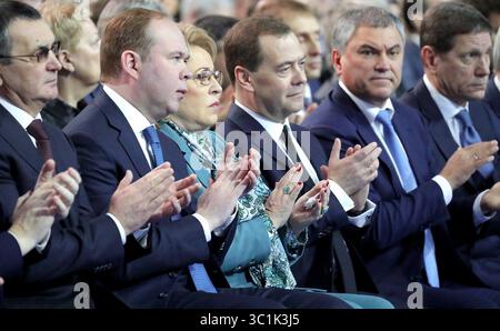 February 20, 2019 - Moscow, Russia - Members of the Russian leadership applaud during the annual address to the Federal Assembly by President Vladimir Putin at Gostiny Dvor arcade February 20, 2019 in Moscow, Russia. Seated from left to right are: Presidential Chief of Staff Anton Vaino, Federation Council Speaker Valentina Matviyennko, Prime Minister Dmitry Medvedev, State Duma Speaker Vyacheslav Volodin and First Deputy State Duma Speaker Alexander Zhukov. (Credit Image: © Aleksey Nikolskyi via ZUMA Wire) Stock Photo