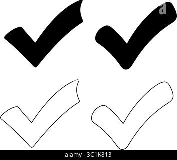 Check Mark Icon Set Vector Illustration Featuring Solid Black Silhouette and Thin Outline Tick Marks for Right Choice, Task Completion, Correct Answer Stock Vector