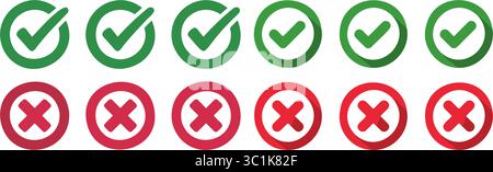 Green Check Mark and Red Cross Mark Buttons Vector Set Featuring Circular Correct and Incorrect Icons for True False Quiz, Right Wrong Choice Stock Vector