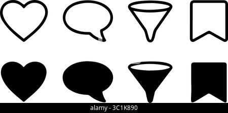 Social Media UI Action Icon Set - Outline and Solid Heart, Speech Bubble Comment, Funnel Filter, and Bookmark Vectors for Mobile App Stock Vector