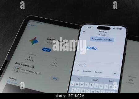 New York, USA - July 18, 2025: Create promt how to in Google Gemini on smartphone screen close up on tablet background Stock Photo