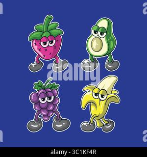 Fruits mascot logo design with modern illustration concept style for badge, emblem and t shirt printing. Fruits sticker pack illustration. Stock Vector