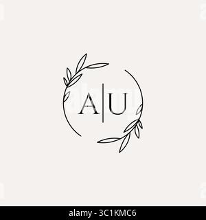 Letter AU wedding monogram logo design with simple natural circle leaf frame vector graphic Stock Vector