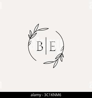 Letter BE wedding monogram logo design with simple natural circle leaf frame vector graphic Stock Vector