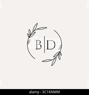 Letter BD wedding monogram logo design with simple natural circle leaf frame vector graphic Stock Vector