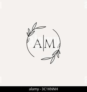 Letter AM wedding monogram logo design with simple natural circle leaf frame vector graphic Stock Vector