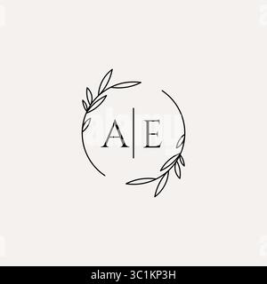 Letter AE wedding monogram logo design with simple natural circle leaf frame vector graphic Stock Vector
