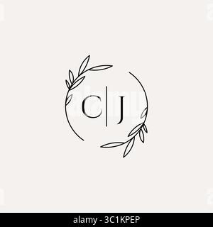 Letter CJ wedding monogram logo design with simple natural circle leaf frame vector graphic Stock Vector