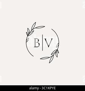 Letter BV wedding monogram logo design with simple natural circle leaf frame vector graphic Stock Vector