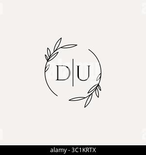 Letter DU wedding monogram logo design with simple natural circle leaf frame vector graphic Stock Vector