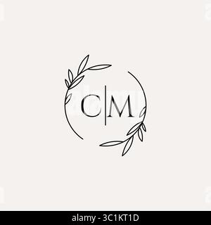 Letter CM wedding monogram logo design with simple natural circle leaf frame vector graphic Stock Vector