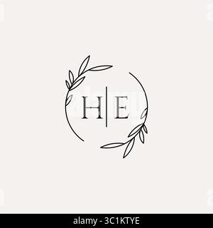 Letter HE wedding monogram logo design with simple natural circle leaf frame vector graphic Stock Vector