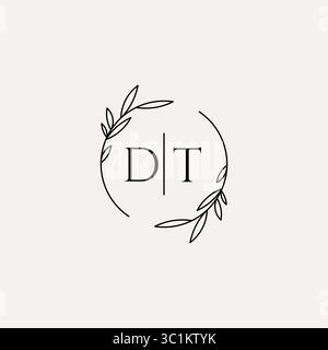 Letter DT wedding monogram logo design with simple natural circle leaf frame vector graphic Stock Vector