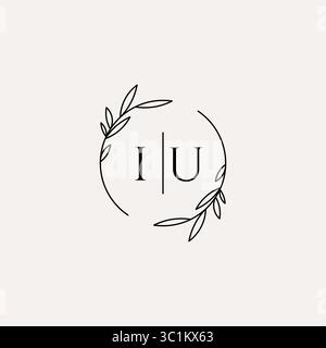 Letter IU wedding monogram logo design with simple natural circle leaf frame vector graphic Stock Vector