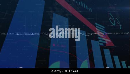 Vertical blue bar chart columns rising on data dashboard screen, with red arrow indicating decline Stock Photo