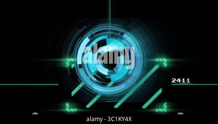 Showing hologram circular HUD in virtual interface featuring rings arcs bars gridlines label 2411 Stock Photo