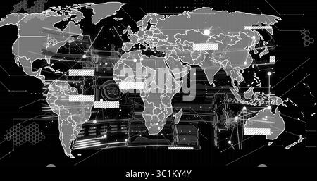 Displaying network in dashboard linking world map outlines glowing nodes and connecting lines Stock Photo