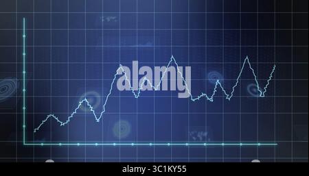 Displaying jagged turquoise line graph on futuristic grid, with axis markers and data holograms Stock Photo