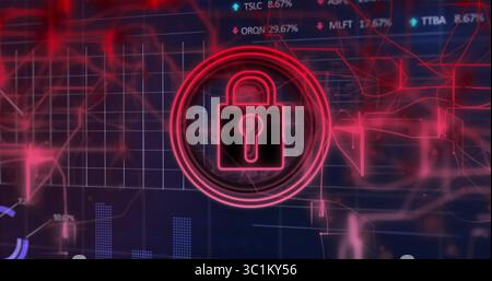 Glowing neon red padlock icon hovering at dashboard, showing network nodes, bar charts, percentages Stock Photo