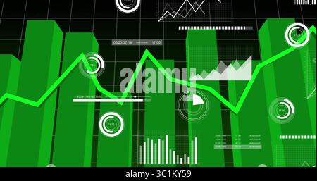 Displaying green bar chart columns and bright line graph on data dashboard, with gauge overlays Stock Photo