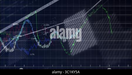 Displaying chart on data screen with candlesticks line graphs and trendline projecting hatched zone Stock Photo